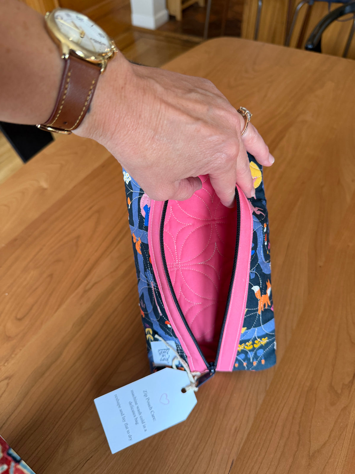 Quilted Zip Pouch: Animal Park Pink Binding