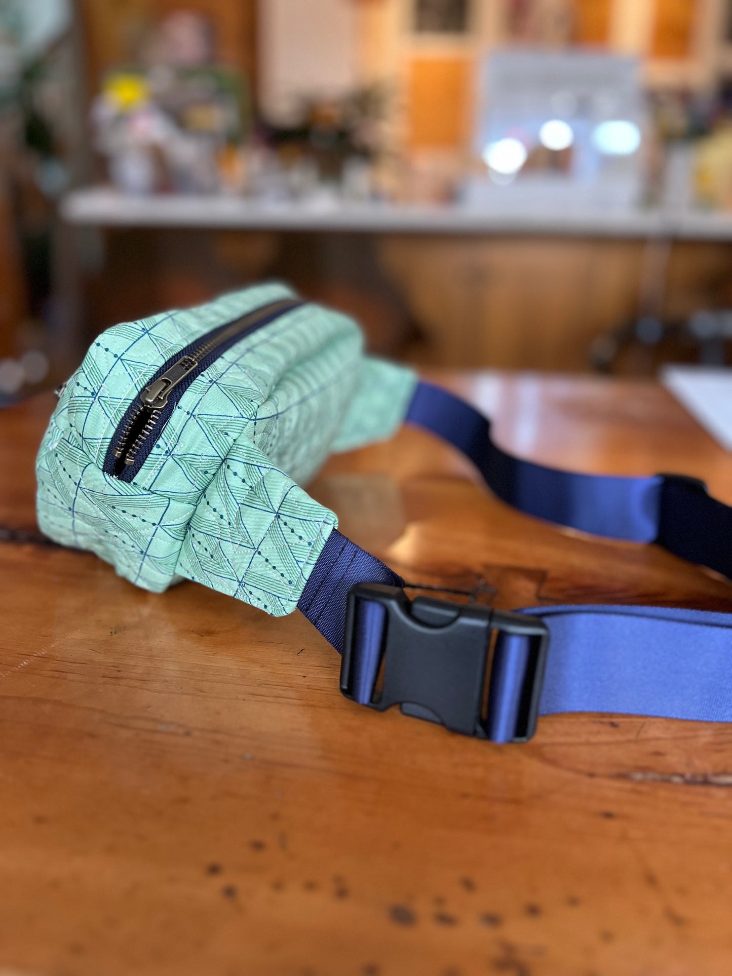Crossbody Bag: Light Green and Navy Triangle