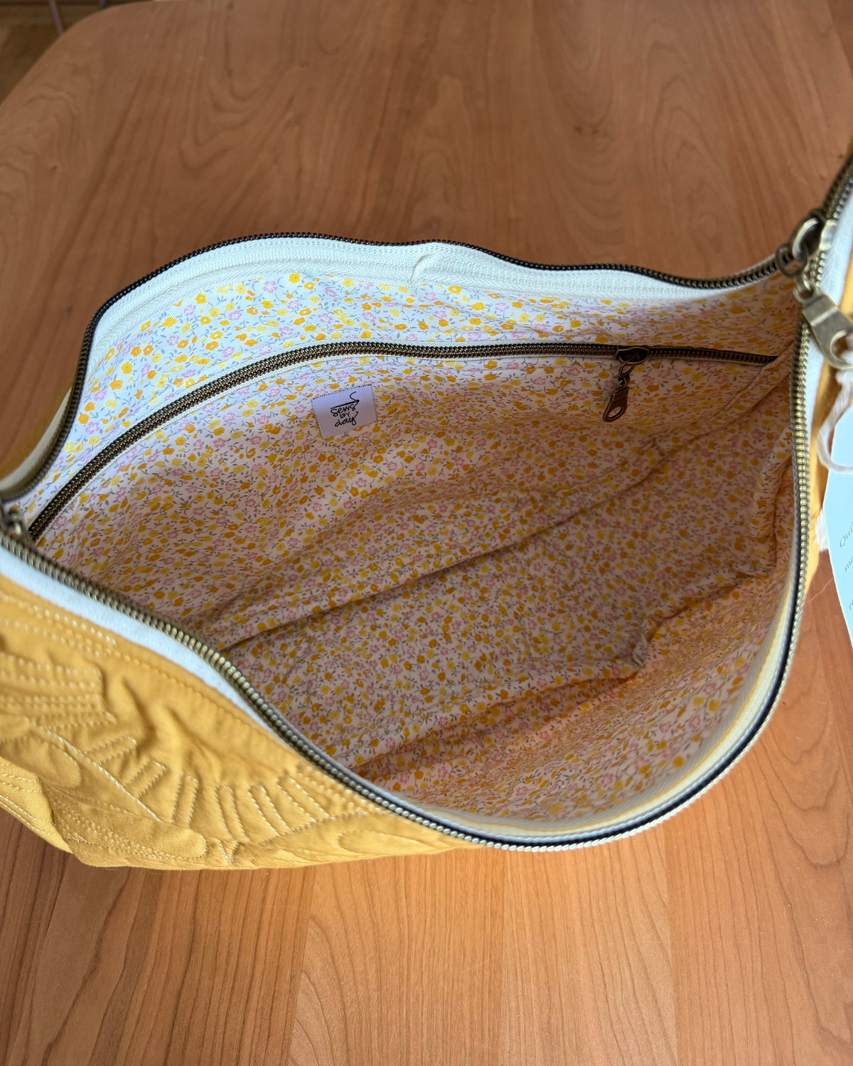 Quilted Crescent Tote: Golden with Navy Webbing