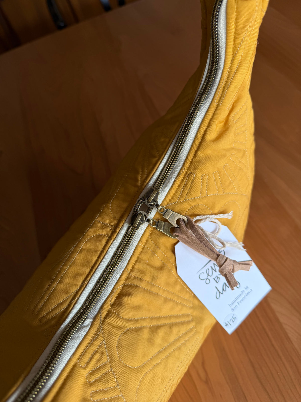 Quilted Crescent Tote: Golden with Navy Webbing