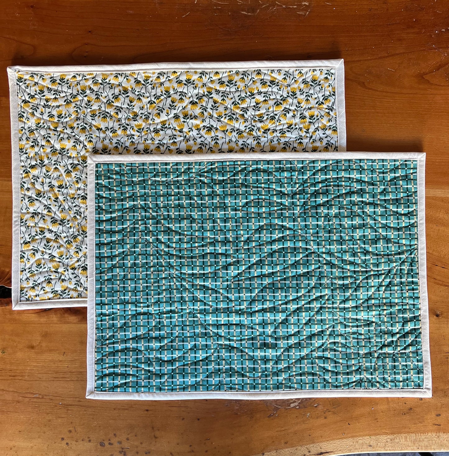 2 Green Plaid/Yellow Floral Placemats