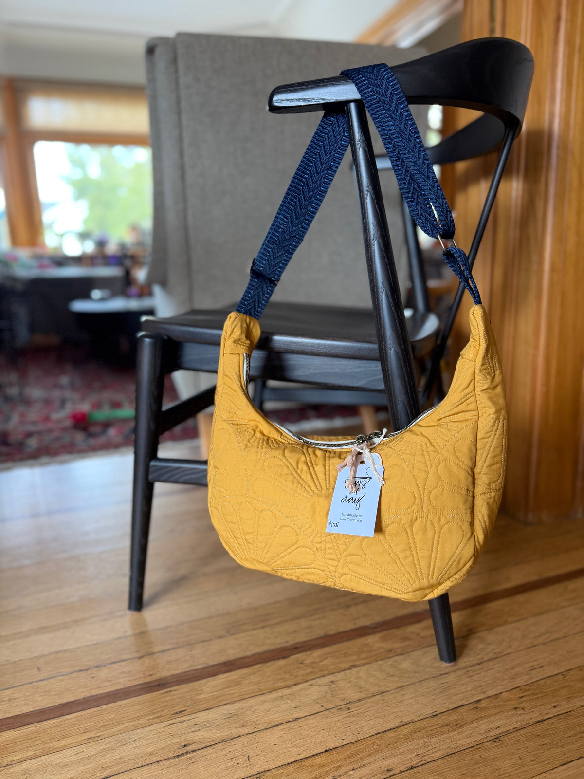 Quilted Crescent Tote: Golden with Navy Webbing