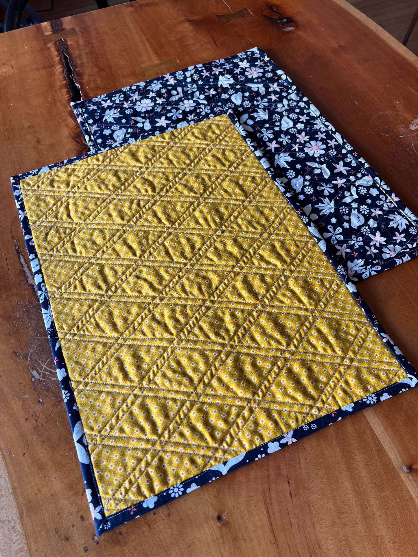 2 Navy Bird/Yellow Print Placemats (lattice quilting)