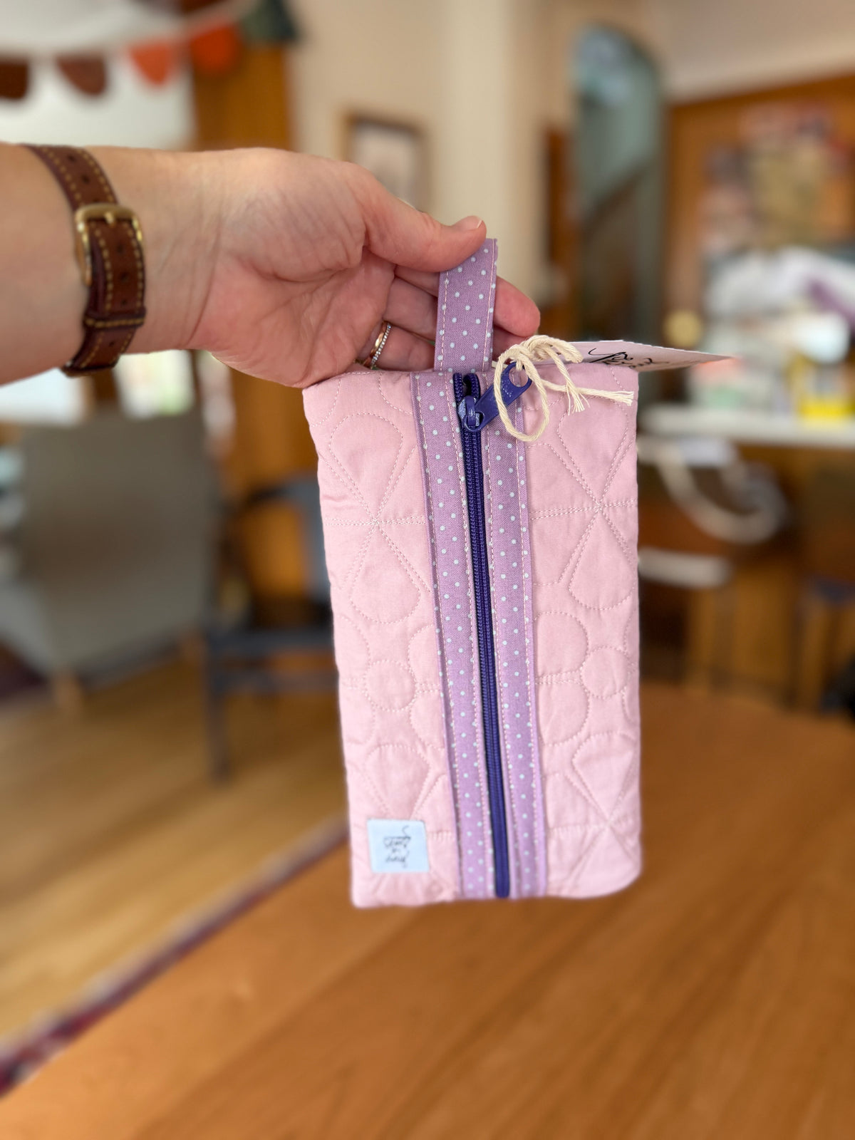 Quilted Zip Pouch: Light Lavender Dot Binding