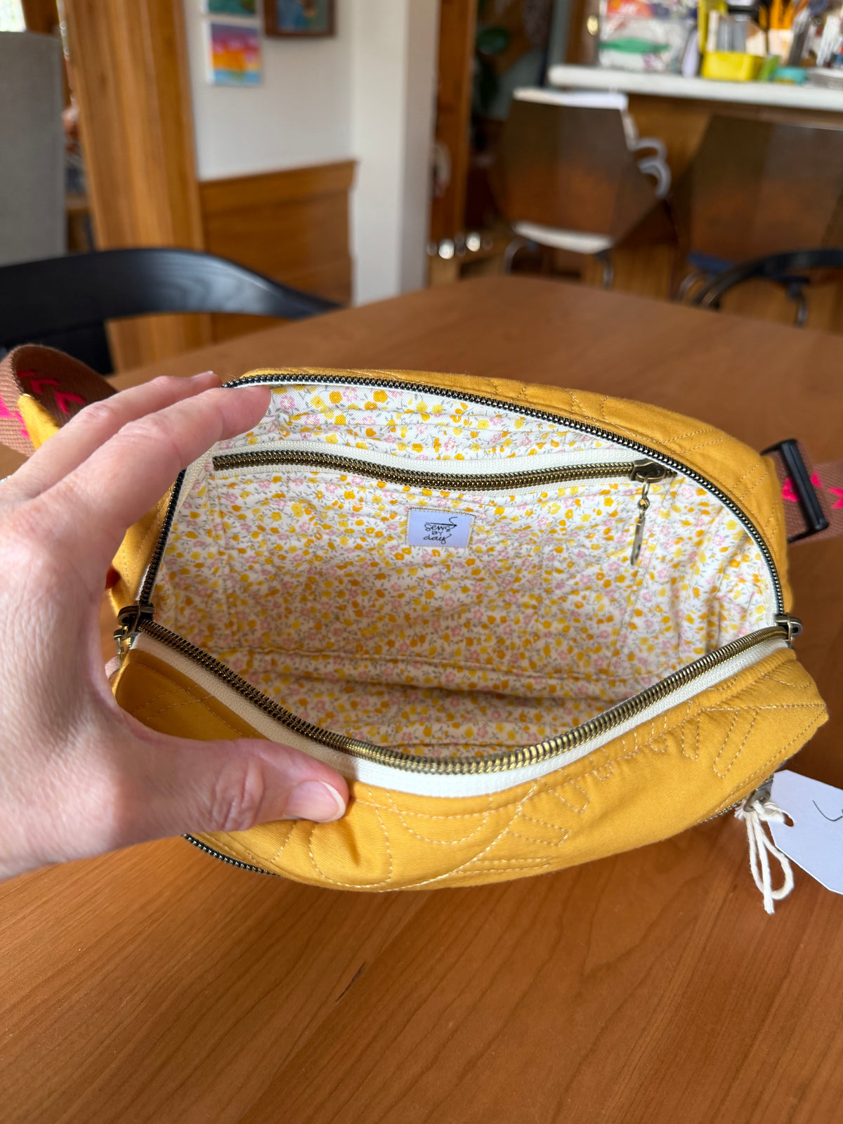 Crossbody Bag: Golden with Brown Arrow Webbing