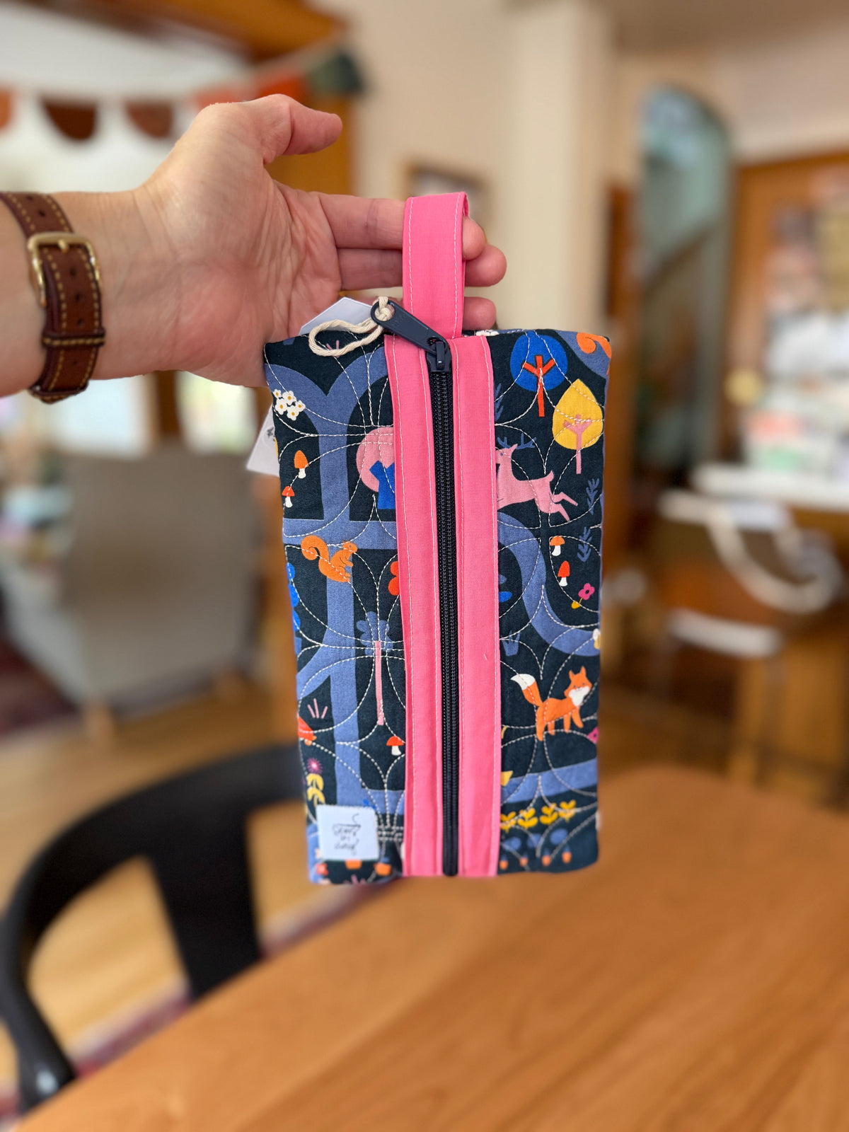 Quilted Zip Pouch: Animal Park Pink Binding